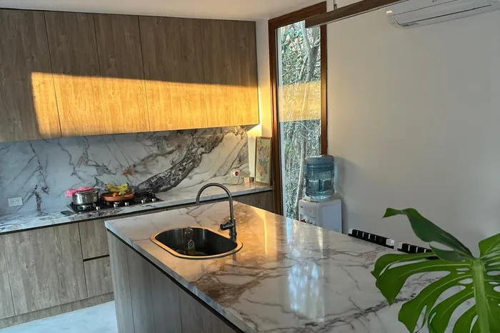 Isla de cocina en mármol veteado junto a ventanal y plantas